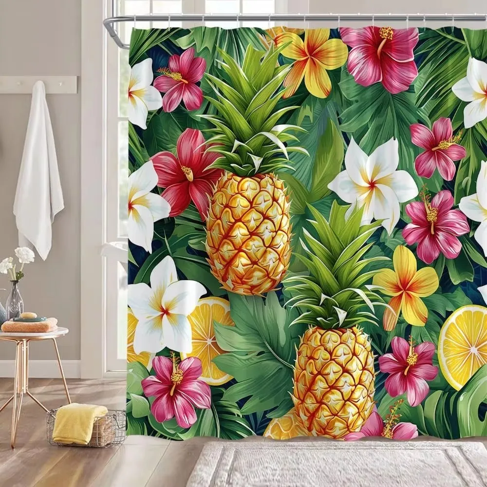 Tropical Pineapple Hibiscus Flower Shower Curtain Hawaiian Summer Bathroom Decor 70x70 Inches