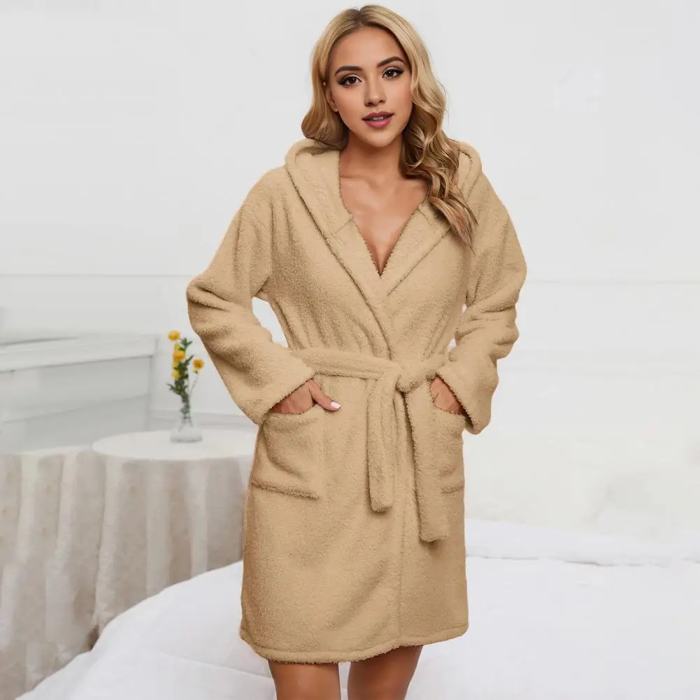 Double Velvet Night Robe Luxurious Velvet Hooded Nightgown with Adjustable Lace Up Belt for Women Cozy Winter Homewear Spa