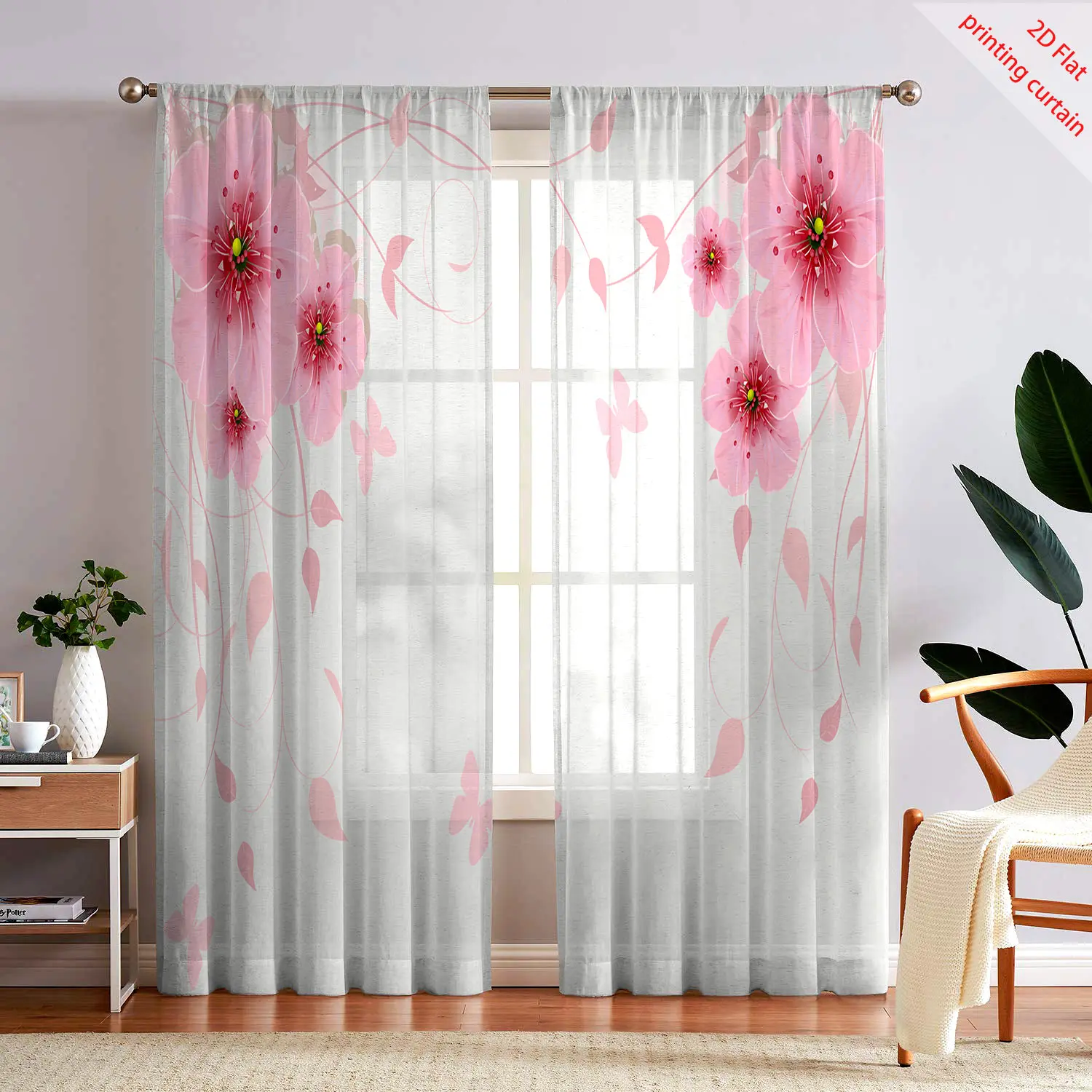 Aesthetic Printed Transparent Gauze Curtain with Plant & Flower Design for Home Office Dormitory Window Decoration