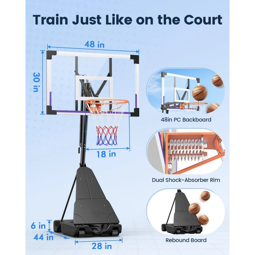 Sistema de aro de baloncesto portátil para exteriores, tablero trasero ajustable de 44-48 pulgadas con ruedas para juegos de cancha y patio trasero