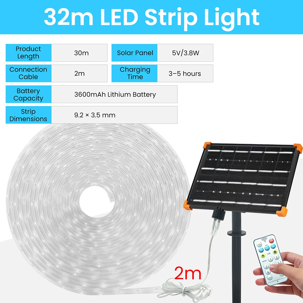 2835 64LEDs/m Solar Power Waterproof LED Strip Light Warm White RGB 24V Auto ON/OFF 13key Remote Control for Pathway Flex Lamp