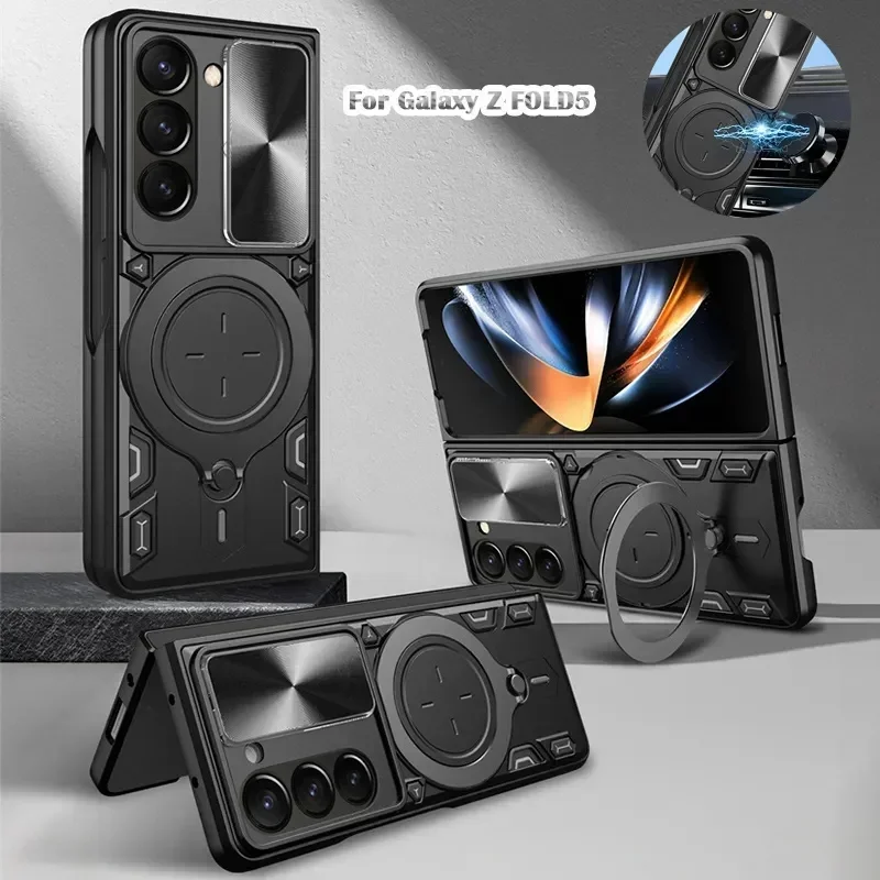 เคสสำหรับ Samsung Galaxy Z Fold 7 พร้อมที่ยึดแม่เหล็กในรถยนต์ แหวนกันกระแทก เคสโทรศัพท์แบบเกราะ สำหรับ Galaxy Z Fold 6 5 4