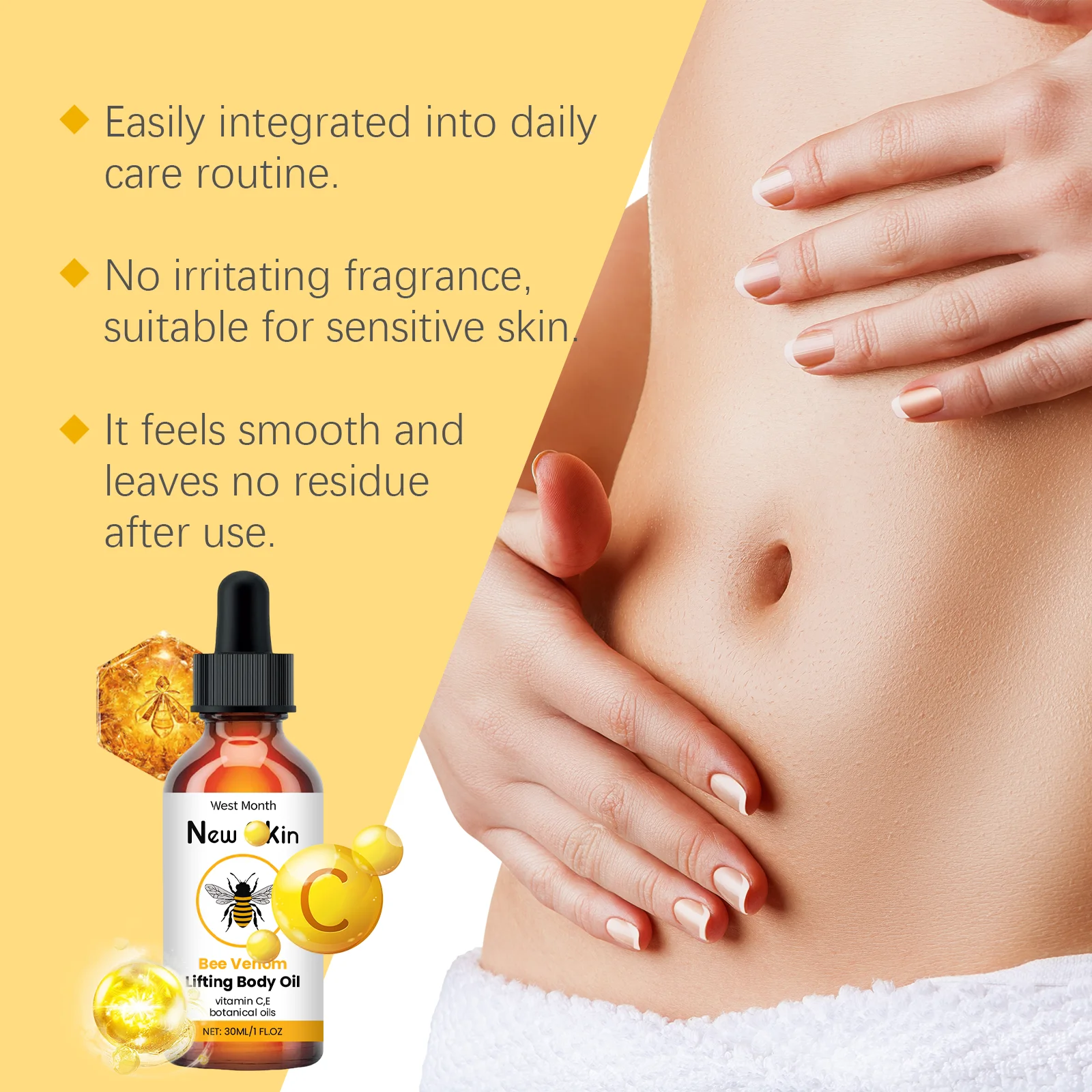 West Month Bee Venom Lifting-Körperöl, straffende Haut, beseitigt Körperfalten, feine Linien, feuchtigkeitsspendendes, formendes Serum, Körperpflege