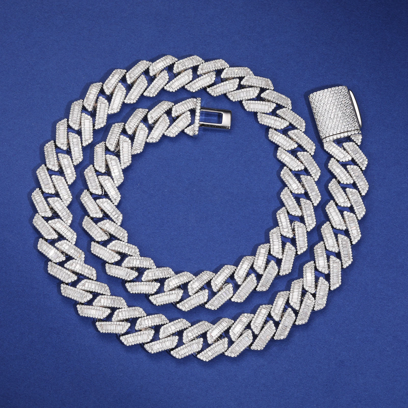 Diamond Pass Tester 14mm Baguette Moissanite Cuban Link Chain 925 Sterling Silver VVS Mossanite Diamond Iced Out Mens Necklace.