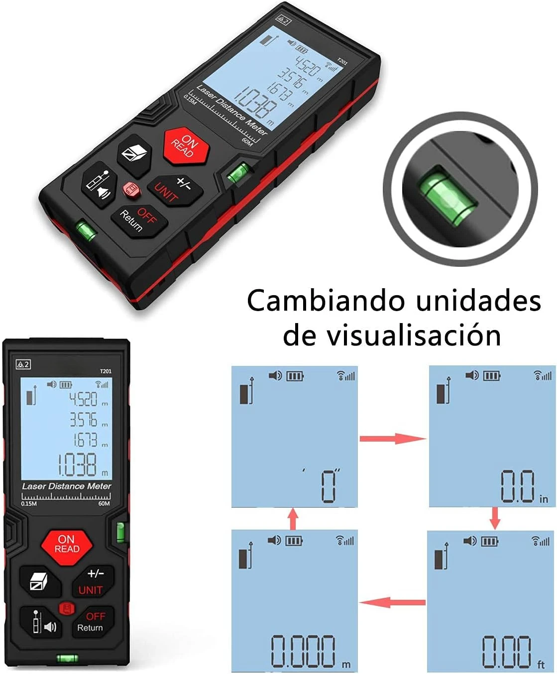 Telemetro Laser Medidor Funcion de Almacenamiento de Datos M / In / Ft, Alta Precision, ± 2mm, 60m