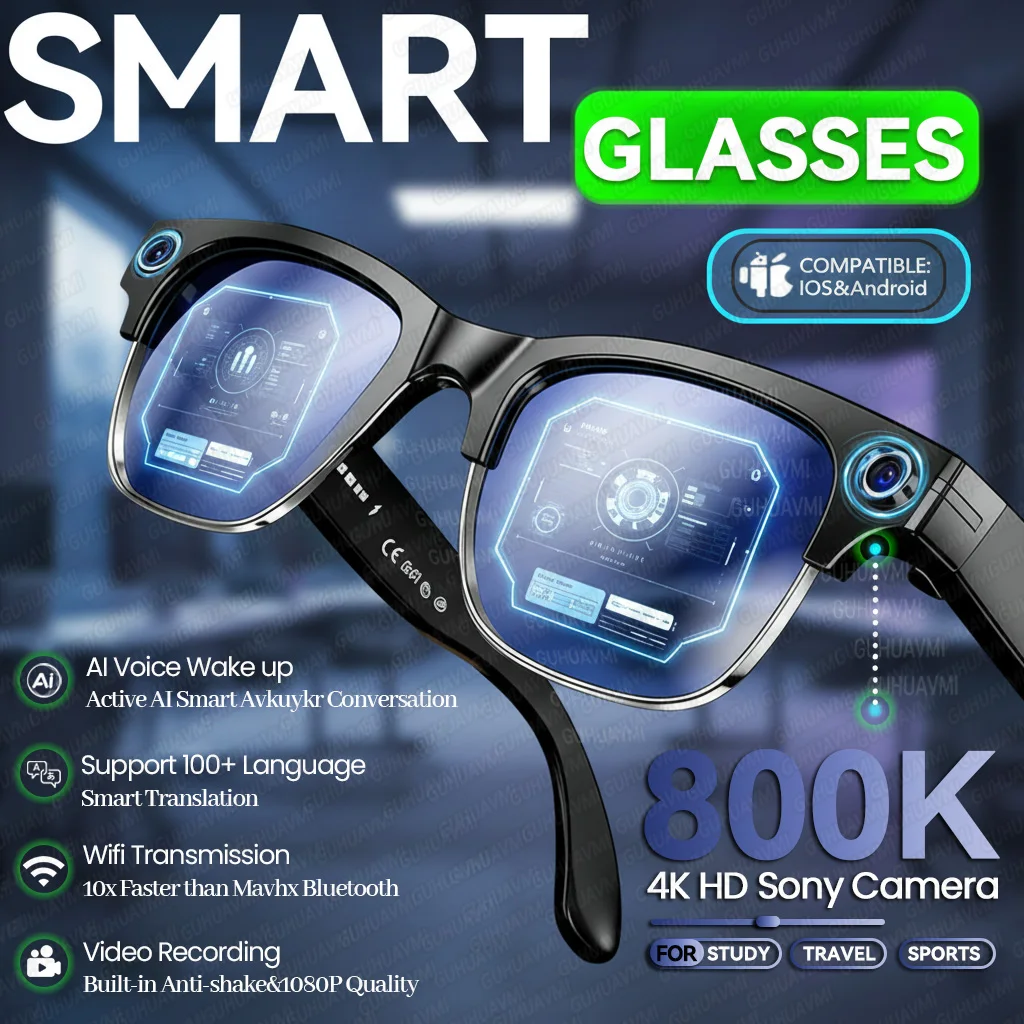 

2026 New Study 4K HD Color Change AI Smart Glasses 800W Pixel Camera 1080P Video AI Chat Music Player Call AI Sports Glasses Men