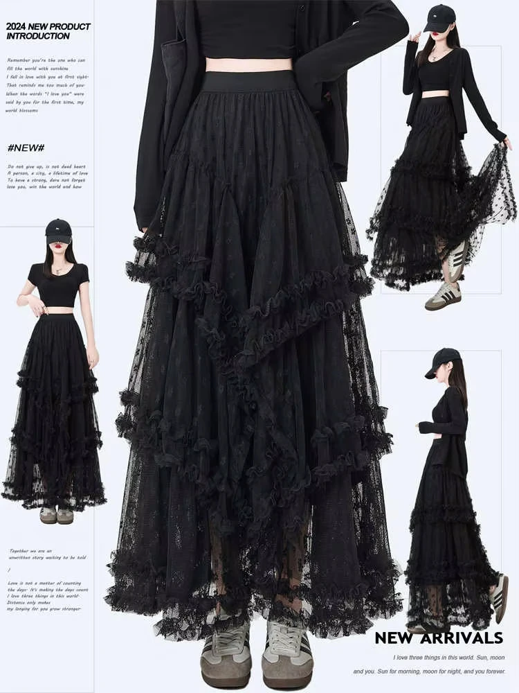 

Vintage Gothic Black Skirts Women Fairycore Grunge Lace Patchwork Trumpet Skirt Punk Streetwear Partywear Emo Alt Skirts