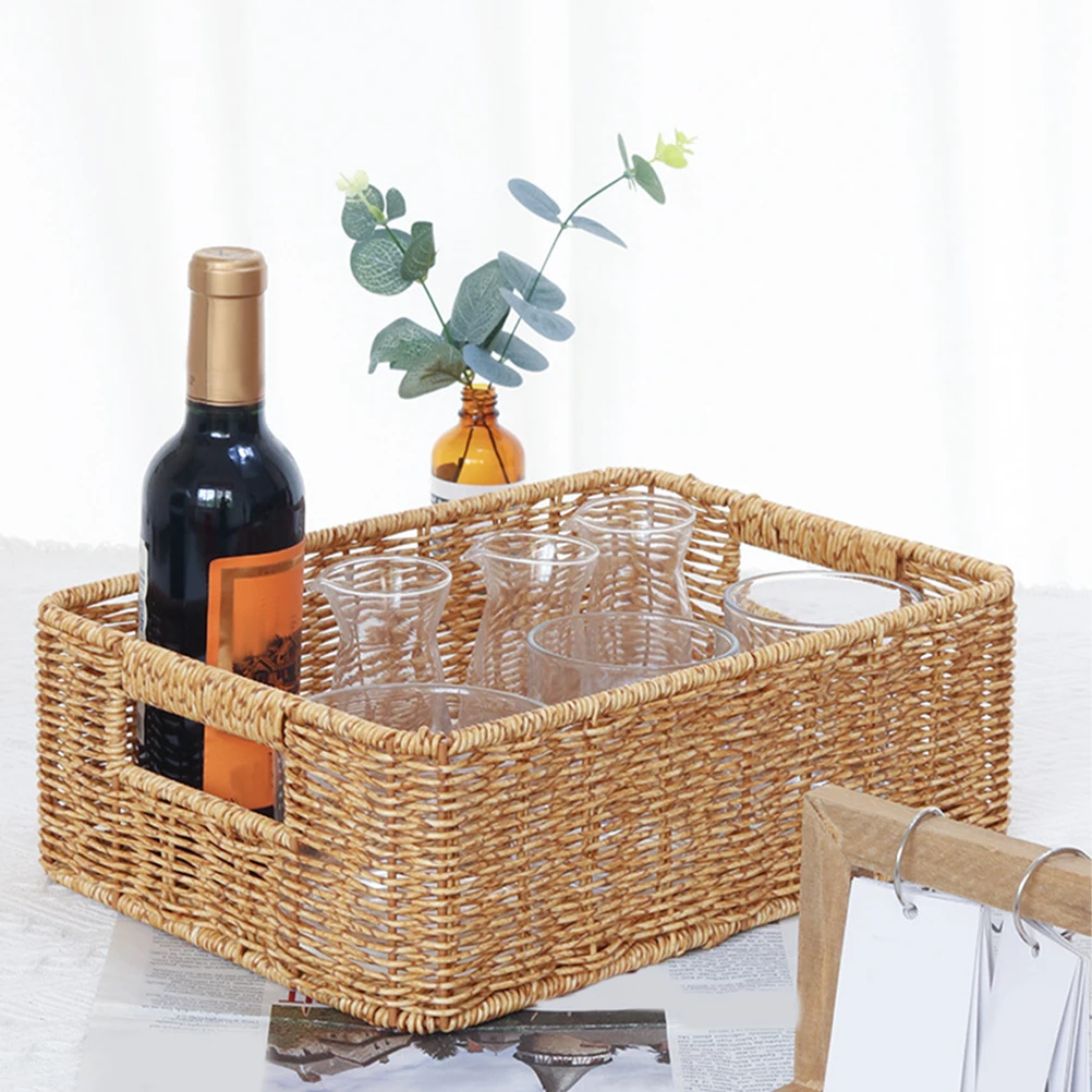 

Large Capacity Double Handle Imitation Rattan Woven Storage Basket Organizer For Bathroom Bedroom Home Light Brownwoven Storage