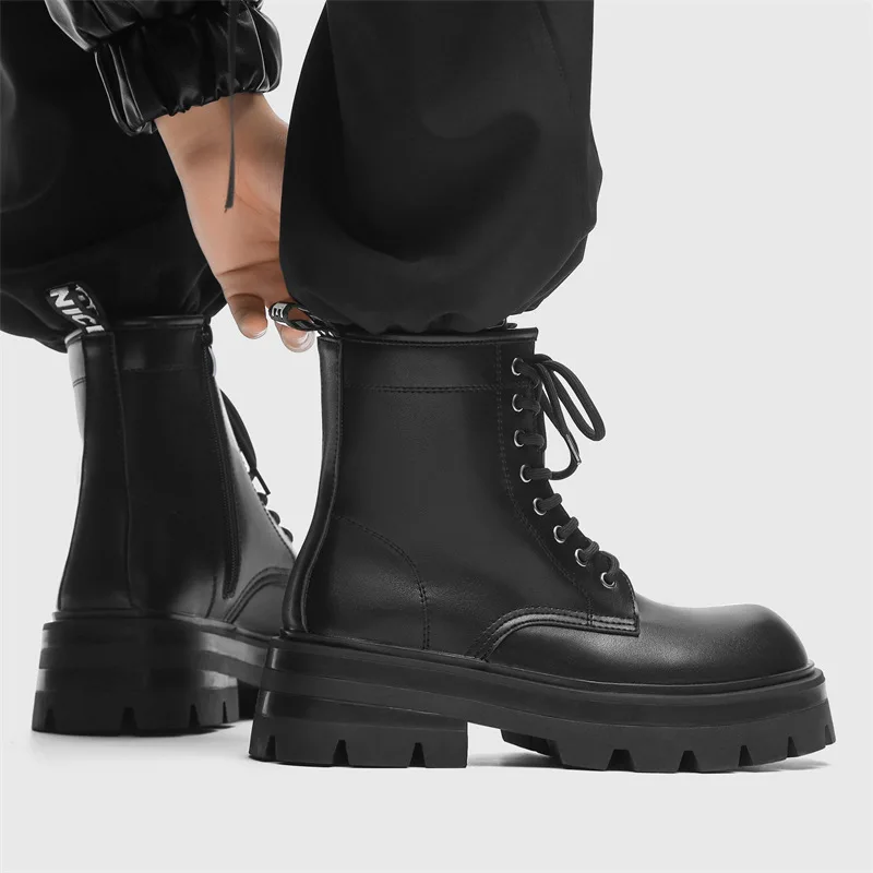 

British style men casual punk rock dress natural leather boots lace-up platform shoes cowboy high boot cool motorcycle botas man