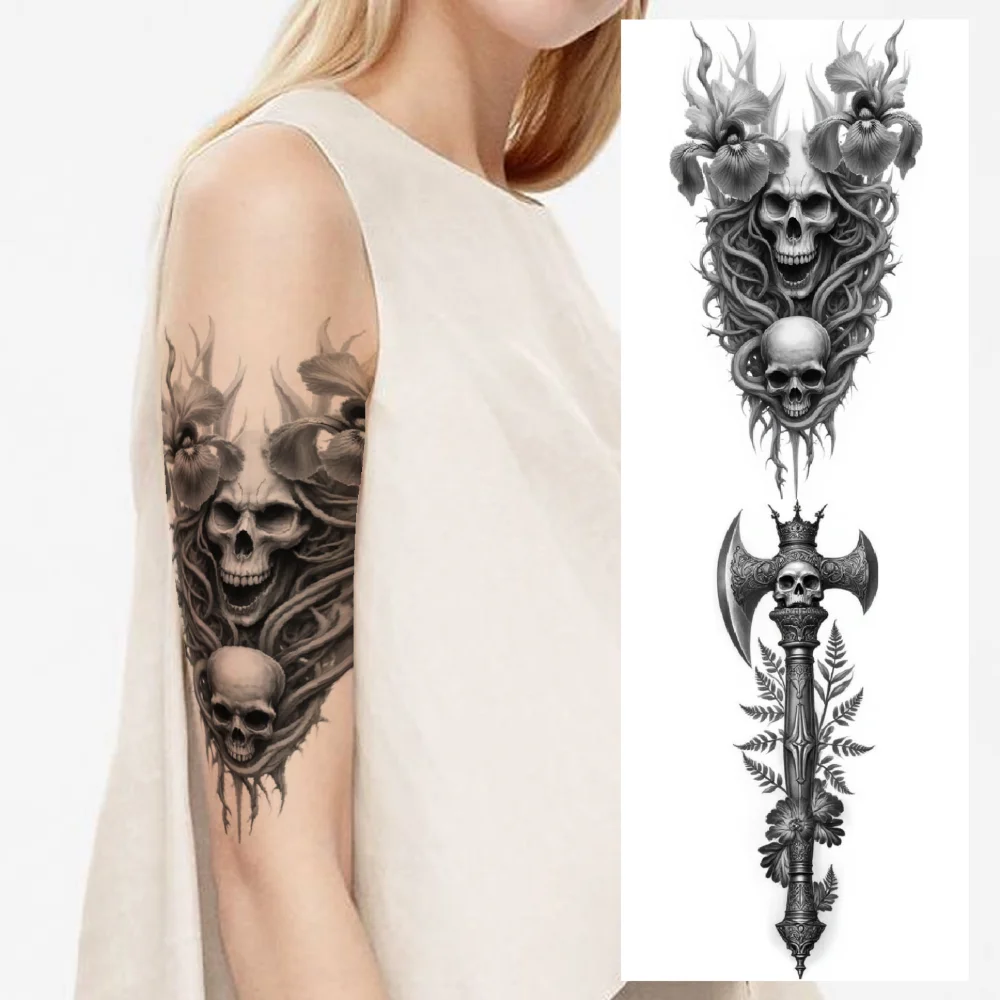 

3pcs Temporary Tattoo Realistic Temporary Tattoos Skull With Axe And Ferns Art Supplies With Skull Skull With Corn For Arms