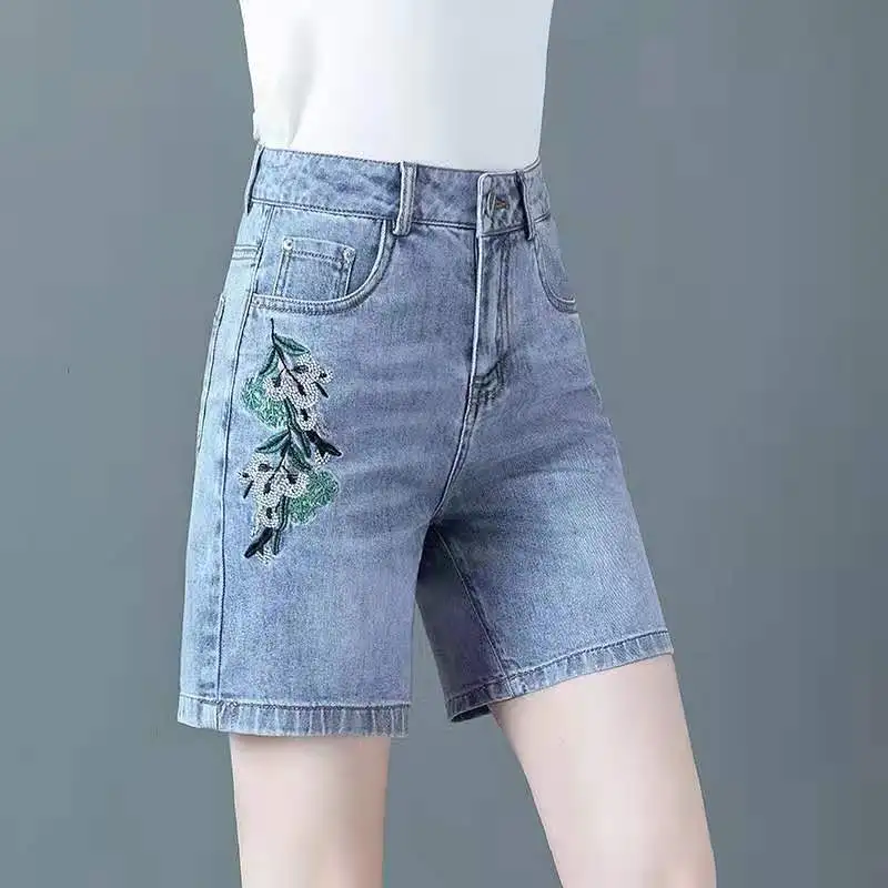 Denim Shorts For Women 2024 Summer New High Waist Vintage Floral Embroidery Straight Leg jean Shorts 3XL