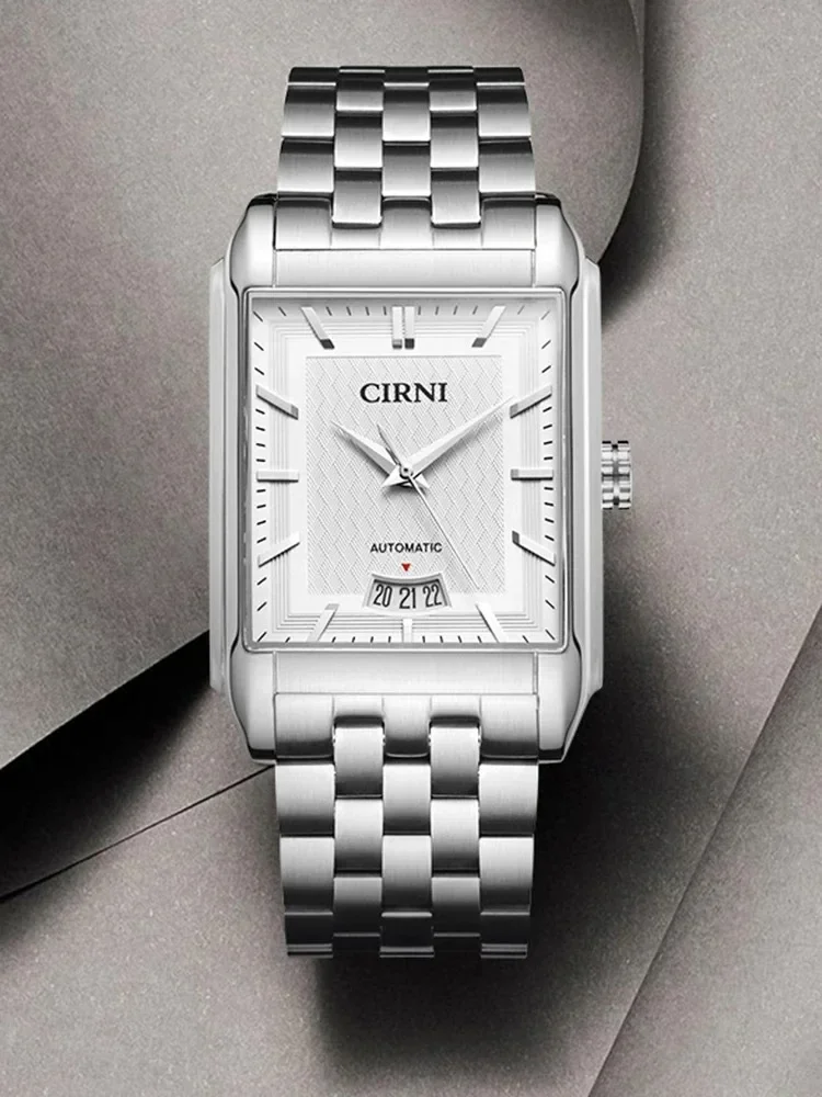 Luxury Dress Watch Automatic Men Business Self-Wind Mechanical Wristwatches CIRNI Rectangle Stainless Steel Calendar Clocks 2022