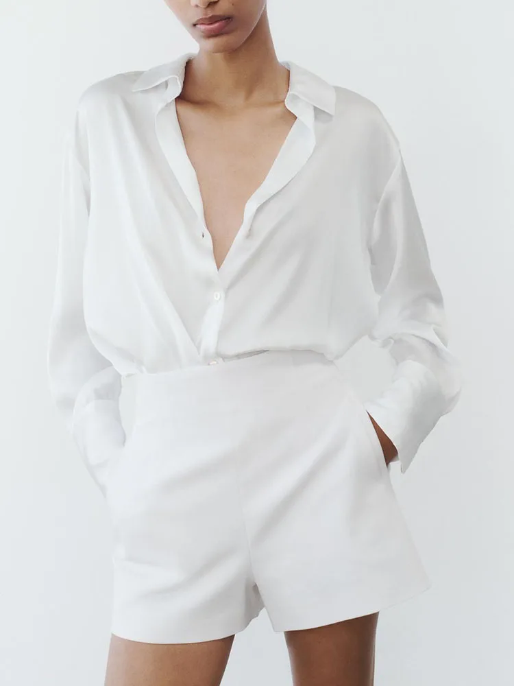 

Comfortable Silk Satin Feel Classic Collar Long Sve irt Women's Premium Faion Commute Sle Loose Fit Thin Material