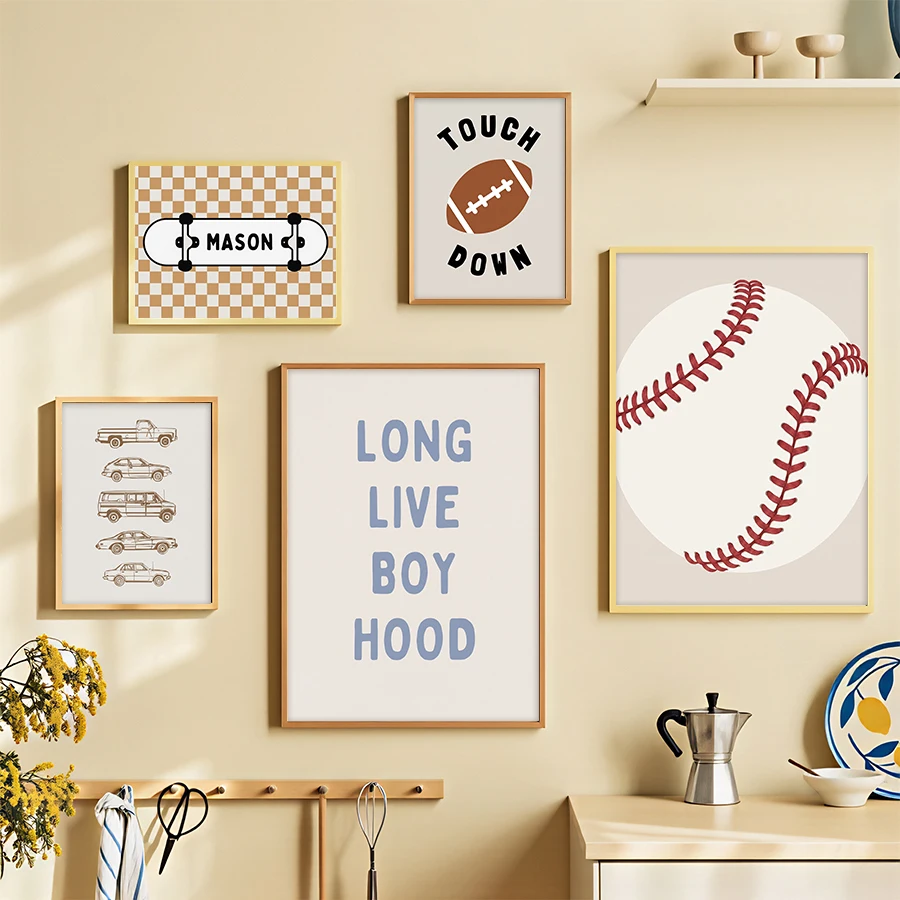 Boys Neutral Room Wall Art Prints Vintage Car Skateboard Sport Ball Poster Minimalist Stripe Wall Decor for Toddler Bedroom