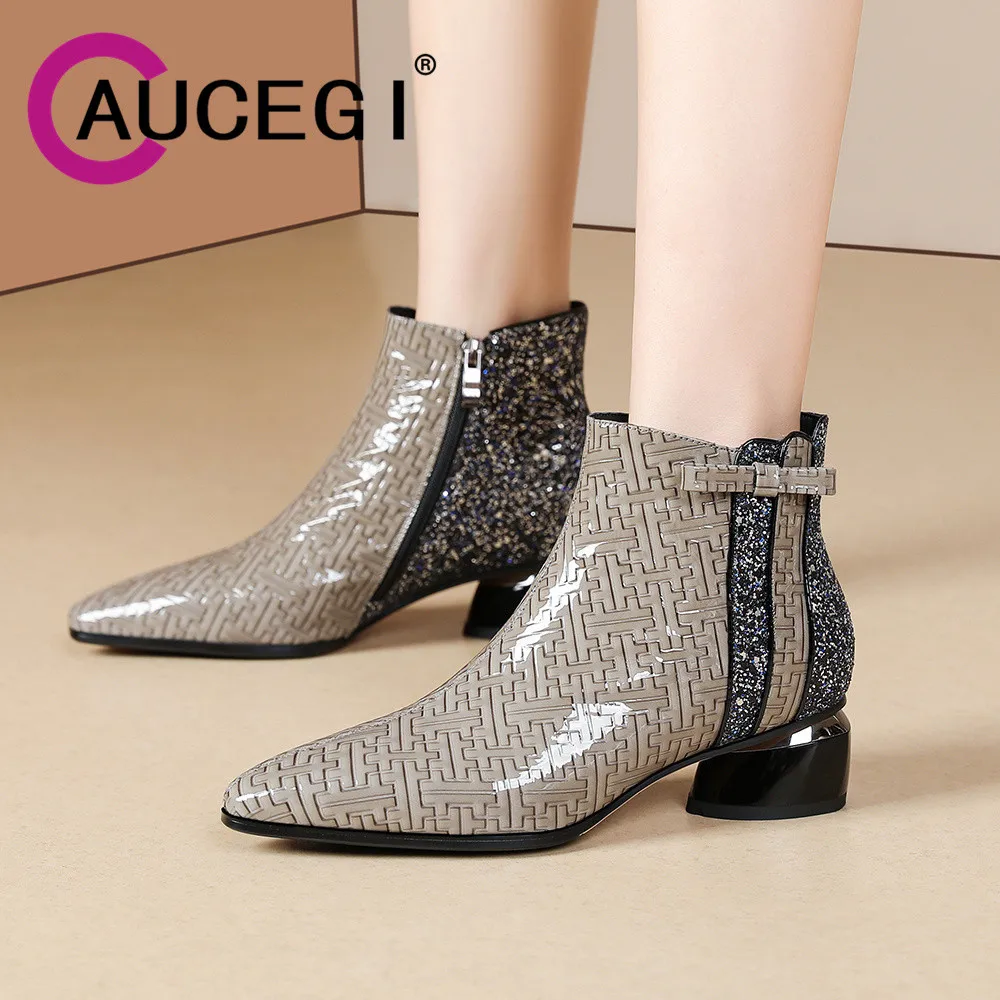 

Aucegi Spring Autumn Fashion Women Pointed Toe Ankle Boots Sheepskin Splicing Sequined Cloth Thick Heels Zipper Daily Life Shoes