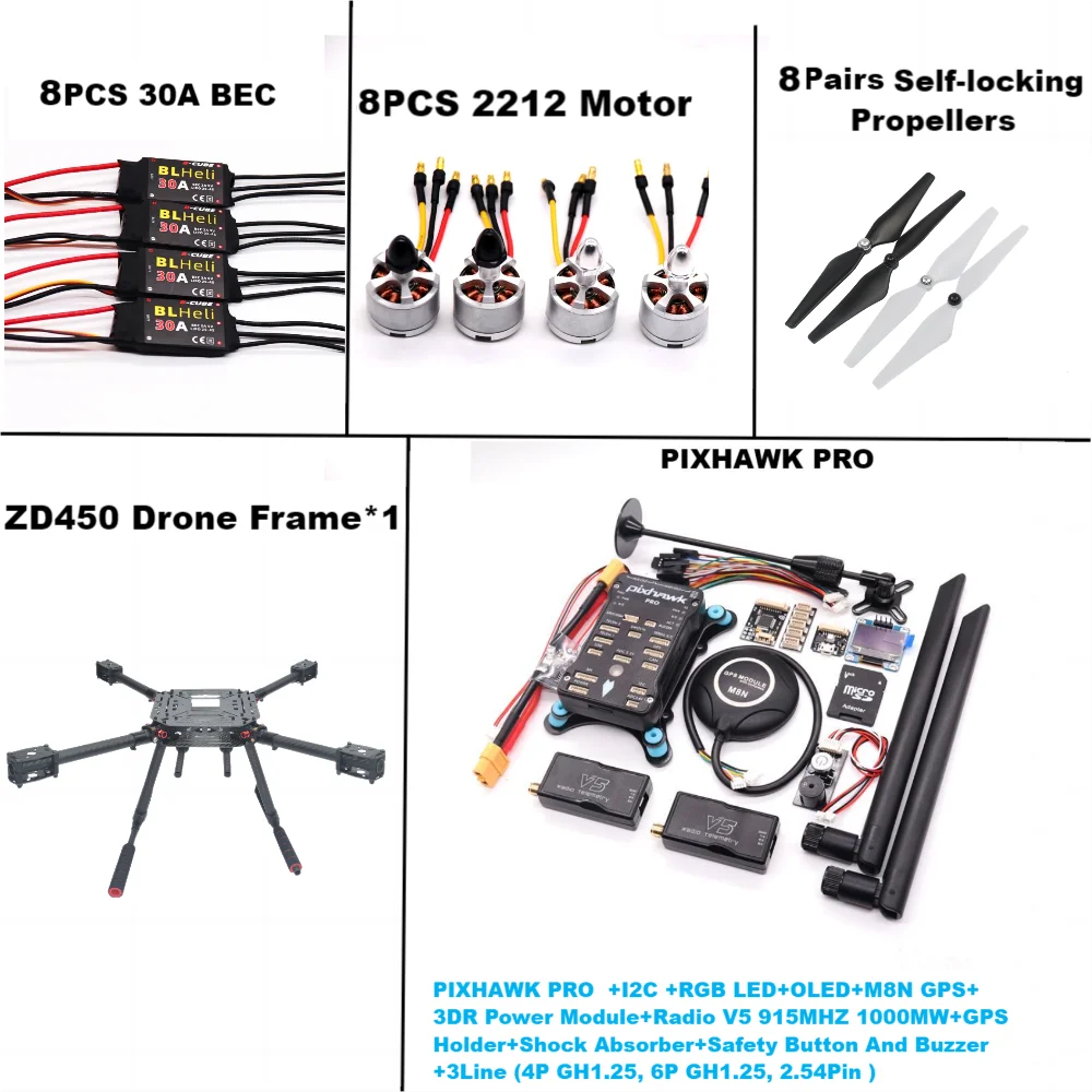 F450 PIXHAWK PRO M8N Kit Dual Motor Flight FiberFrame, Ardupilot, 100MW, Rádio Telemetria, Quadcopter, BLHELI, 20A, 2212 Motor ESC