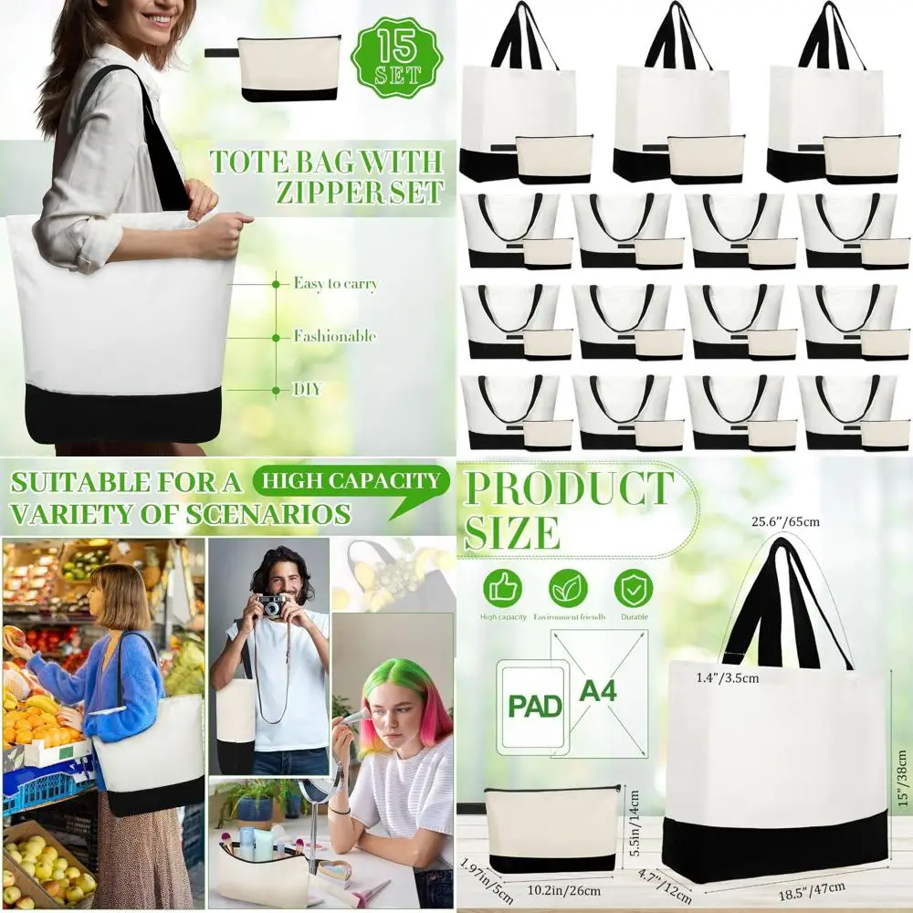 

Bulk 18.5 Zippered Cotton Tote Bags, Reusable Shopping Bags with Handles for DIY Craft or Cosmetics