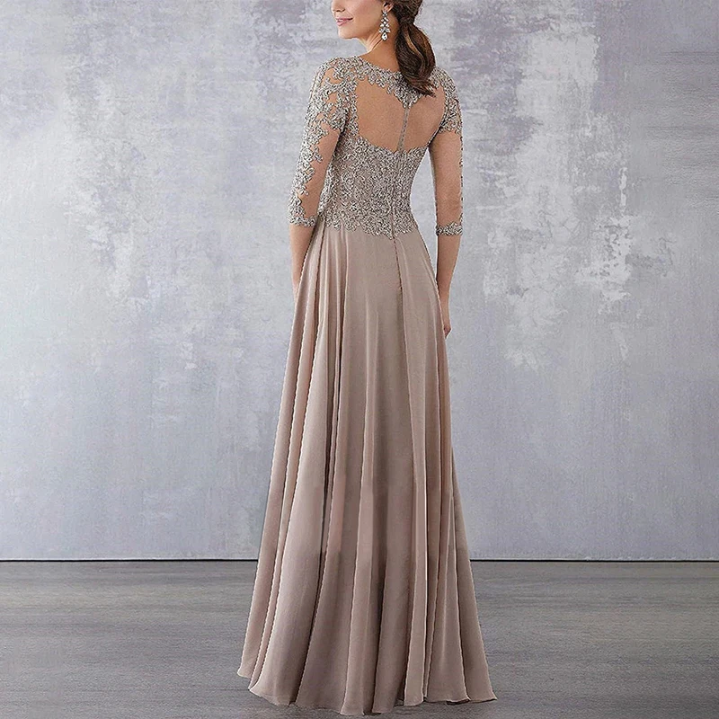 فستان سهرة نسائي بلون الشمبانيا مع خط عنق وهمي ثلاثة - أكمام دانتيل ربع فستان أم العروس لحفلات الزفاف #2