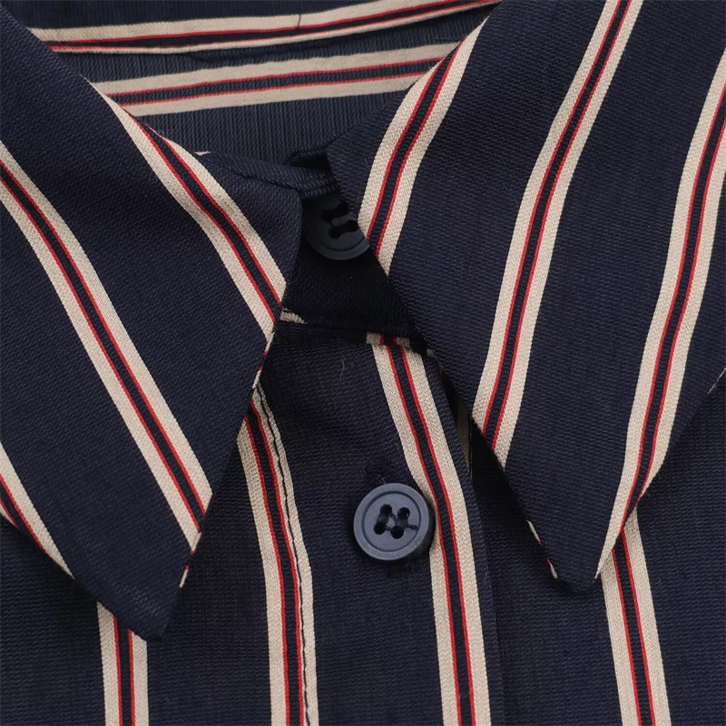 قميص نسائي 2025 خريف نمط جديد أزرق كحلي مخطط ديكور كم طويل فضفاض نمط صديقها قميص موضة غير رسمية #4