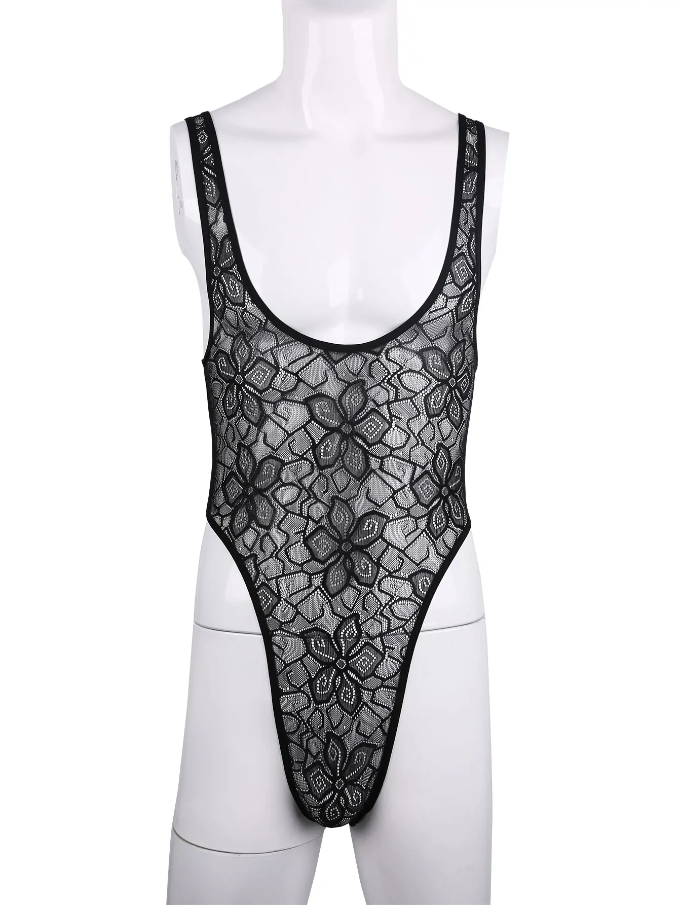 Men's One-piece High Cut G String Underwear Wrestling Singlet Leotard Sheer Bodysuit Thongs Sissy Lingerie See Through Nightwear