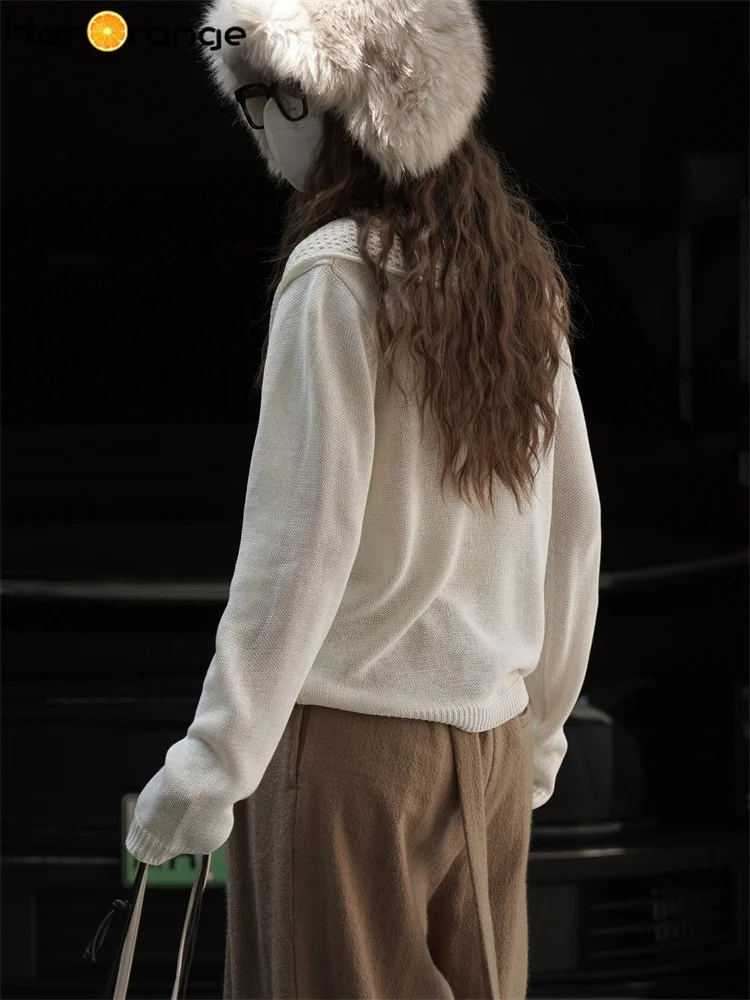 한오렌지 2025 가을/겨울 루즈 니트 스웨터 여성용 스택형 탈부착 가능한 홀로우 숄 탑 라이트 아프리콧/초콜릿/그레이