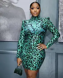 Plus size Leopard Print Dresses High Neck High Waist Slim Women's Mini Skirt Temperament Commuter Party Club Dress