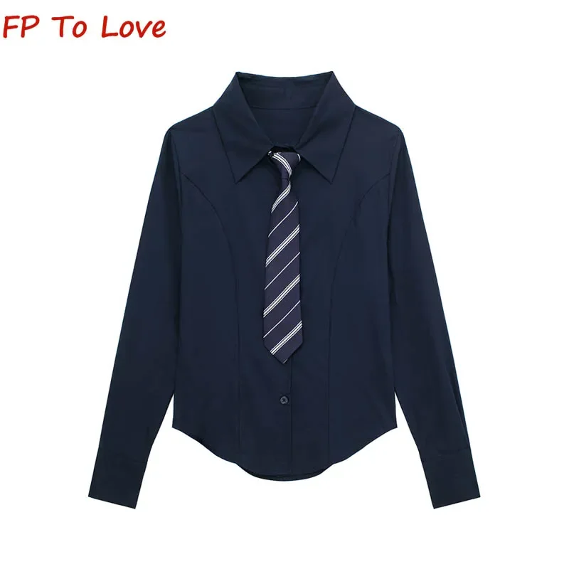 Camicia a maniche lunghe con cravatta abbinata in stile College blu Cardigan peplo camicetta bianca con risvolto top monopetto