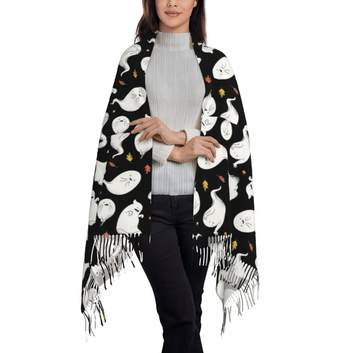 Spooky Ghost Halloween Cartoon Pattern Scarf Tassel Scarves for Women Soft Warm Shawls and Wraps Large Fall Winter Shawl Wrap