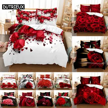 Ensemble de literie de couleur rose rouge pour chambre à coucher, housse de couette, taie d'oreiller, couette, 3D, HD, double, complet, roi, reine, simple, fleur, 3 pièces, 2 pièces