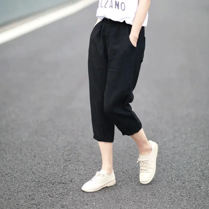 Summer Capris Pants For Women Vintage Casual Harem Baggy Pants Loose High Waist Short Trousers Female Solid Calf-Length Pants