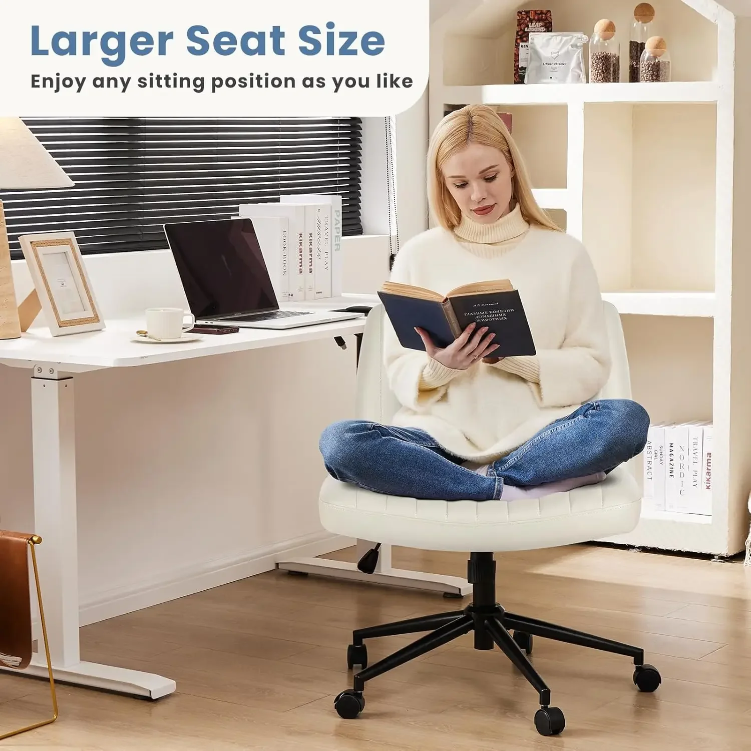 

Legged Office Armless Wide Desk Seat Dual-Purpose Base, Adjustable Swivel Leather Task Vanity Home Office Desk Seating, Cream