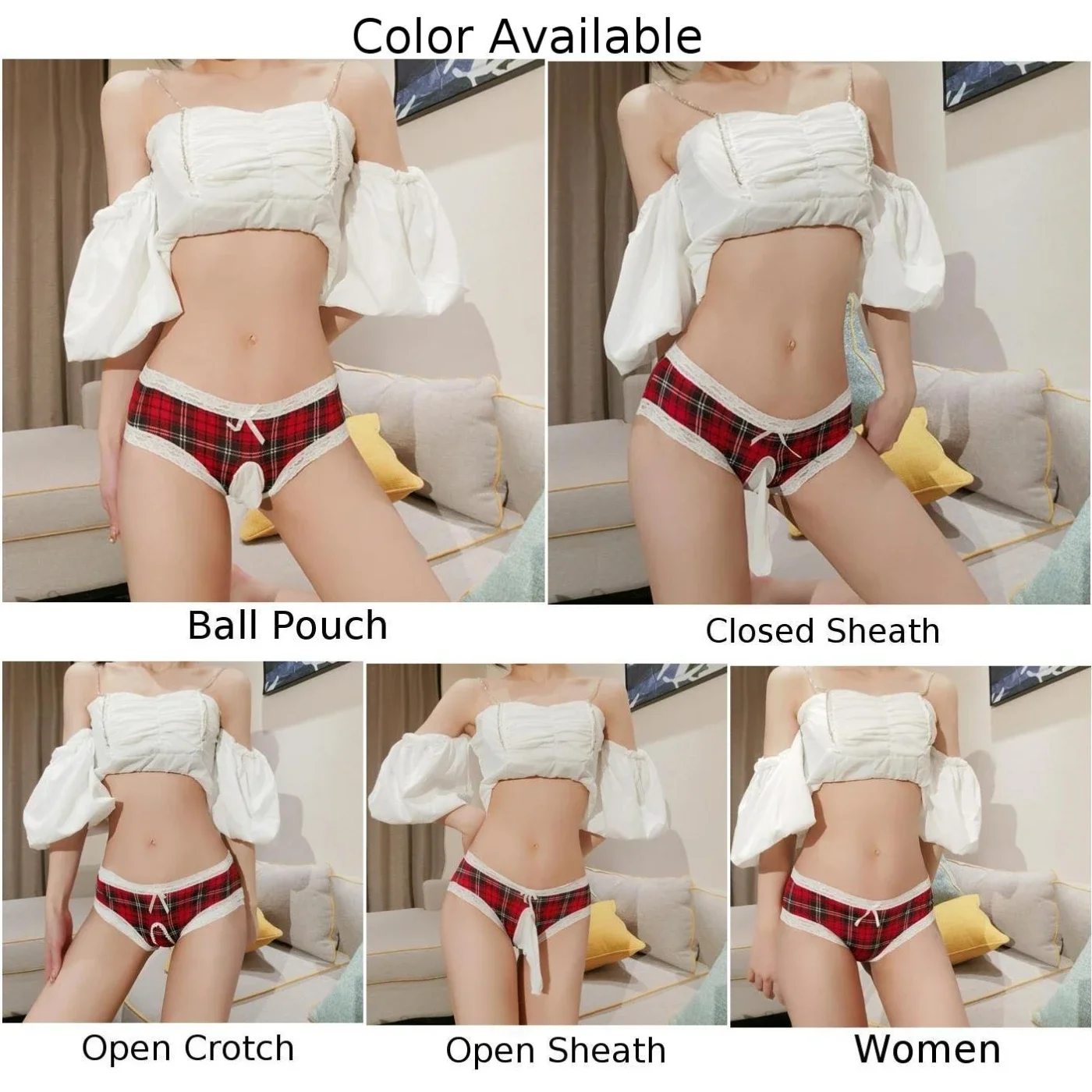 Men Sexy Lingerie Plaid Lace Panties Bikini Low Rise Briefs Sexy Underwear With Sleeve Sissy Underpants Gay Intimate Underwear