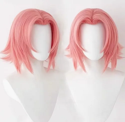 Peluca de Anime Haruno Sakura, pelo sintético corto rosa resistente al calor para chica, pelucas de Patry + gorro de peluca