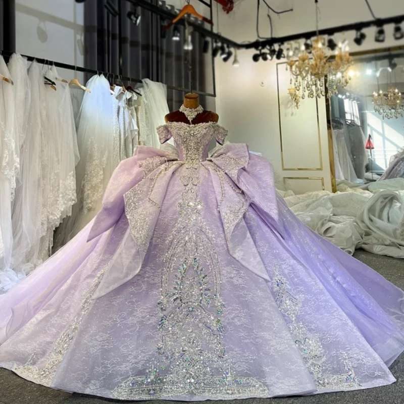 

Lavender Quinceanera Dresses Off the Shoulder Glitter Crystal Decal Long tail Bow Vestido De 15 Quinceanera Customize