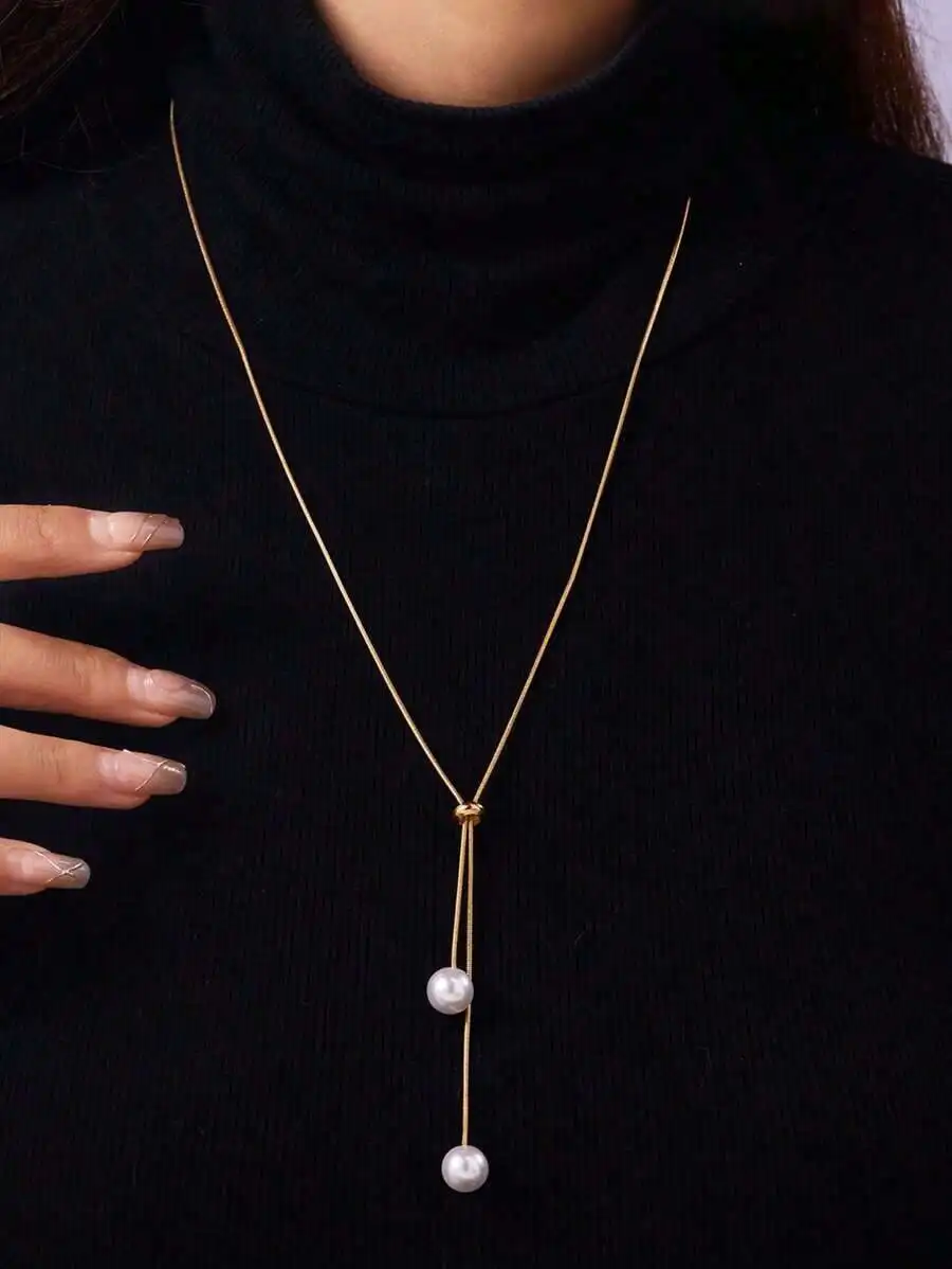 

1pc Fashion Minimalist Street Style Vintage Coin, CCB Pearl Beaded Y-Shaped Necklace With Round Disc & Tassel Pendant, Suitable