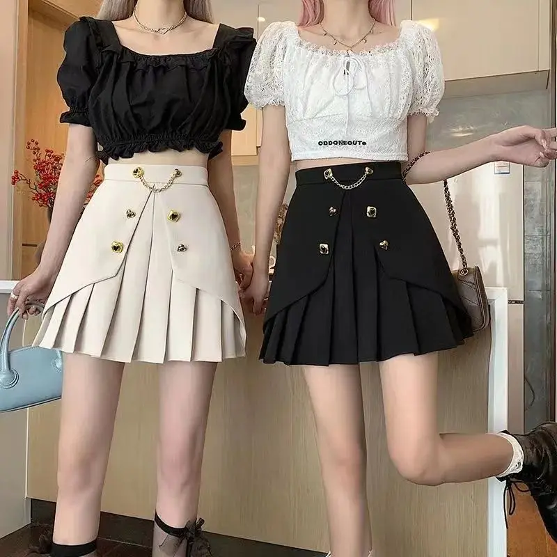 Korea Style Design Pleated Skirt Women Summer New Fashionable Versatile Niche Chain High Waist Short A-line Skirt