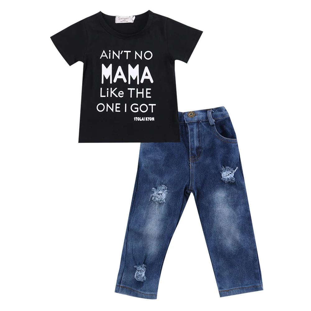 

2PCS Toddler Baby Boy Jeans Clothes Short Sleeves Letters Shirt Top Button Zipper Ripped Denim Pants Outfits Set