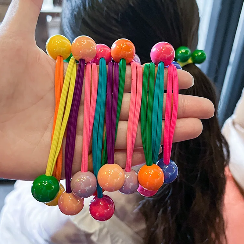 2 pz/set colori caramella perline acriliche cravatta per capelli a sfera per ragazze elastici per capelli elastici per bambini fasce per capelli