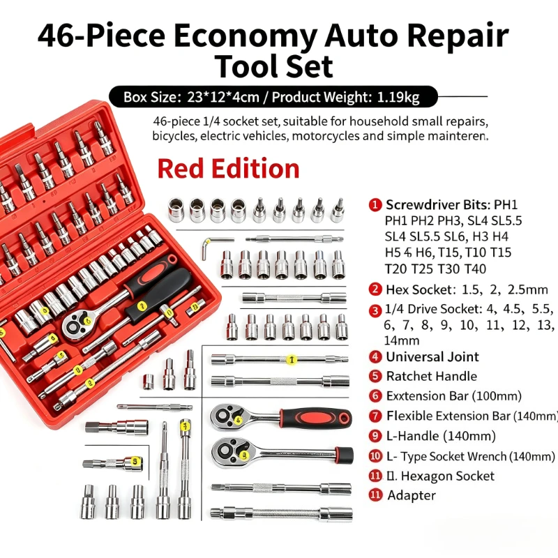 46Pcs Drive Socket Ratchet Wrench Tool Set Auto Car Repair Kit Screwdriver Bits Spanner Hand Tools for Mechanic DIY Maintenance