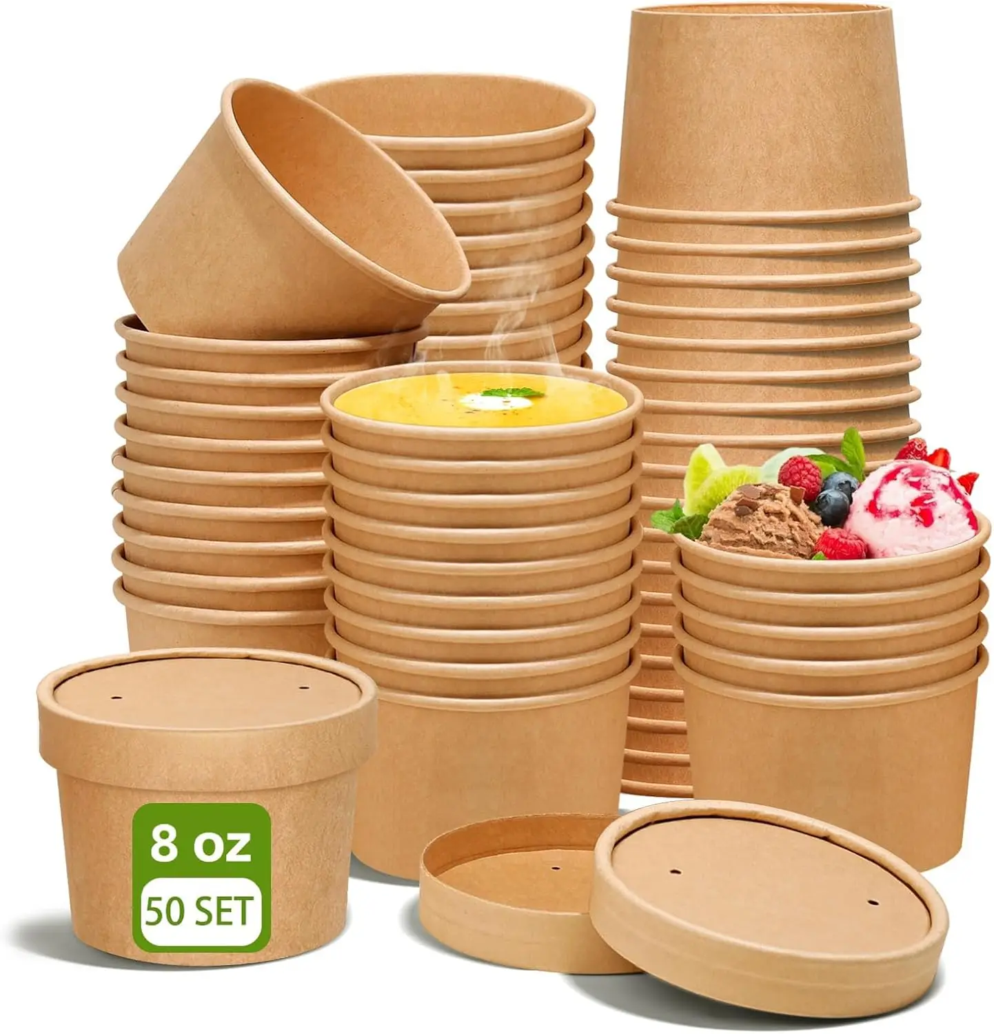 

8oz Paper Soup Container Cup with Vented Lids, Disposable Paper Food Container Kraft Dessert Bowl Soup Bowls, Microwavab