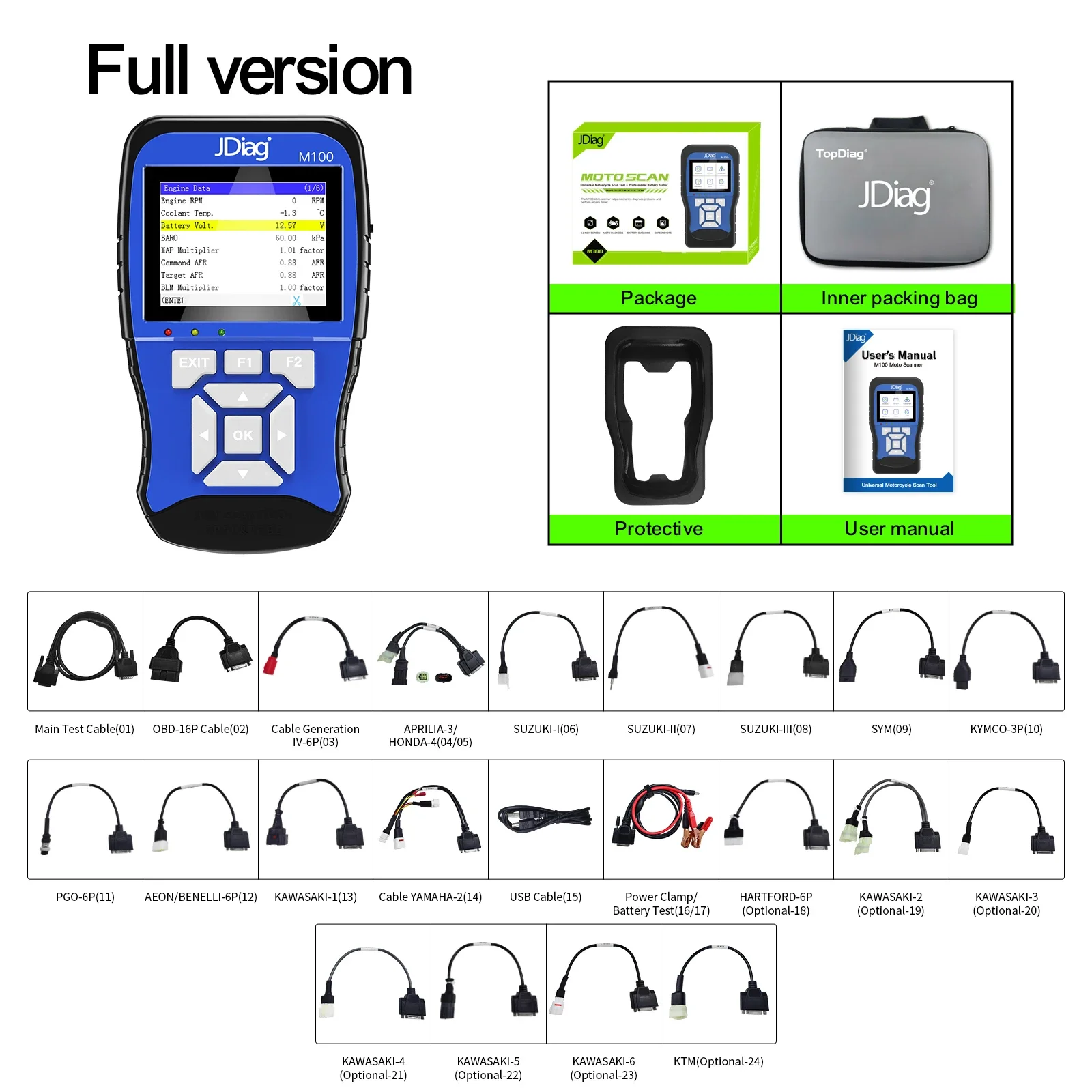 Jdiag m100 motorcycle diagnostic scan tool with all cables for most motorbike 2 in 1battery tester funtion Motorcycle Scanner