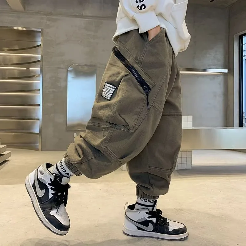 Boys Spring Autumn Children\'s Clothing Cargo Pants Children\'s Casual Large Size Sweatpants Boys Fashion Fake Zippers Cargo Pants