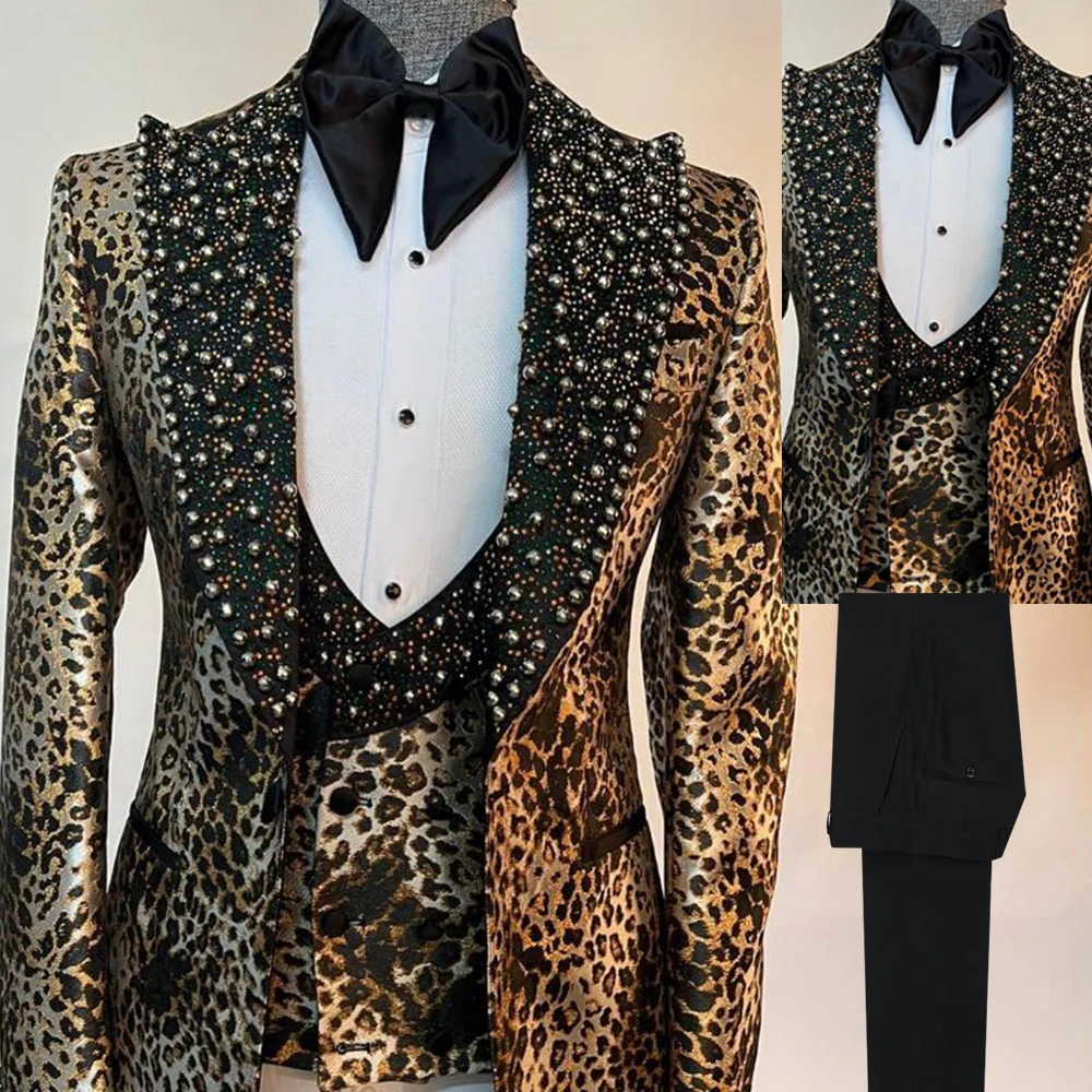 

Мужские модные костюмы с леопардовым принтом, мужские пиджаки с лацканами, смокинги для выпускного жениха, свадебные смокинги по индивидуальному заказу, комплект из 3 предметов, куртка, жилет, брюки