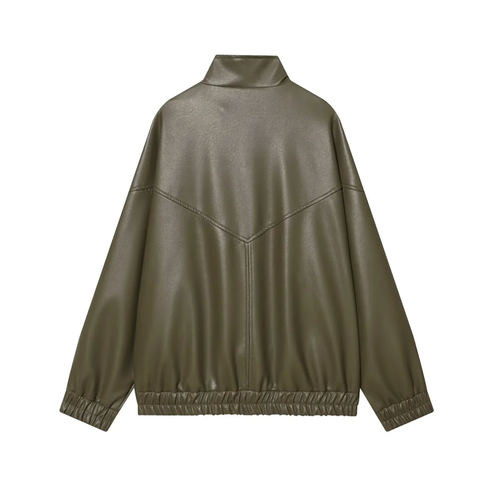 2025 Winter New Women's Simple Casual Long Sleeve Stand up Collar Imitation Leather Pilot Zipper Jacket Coat