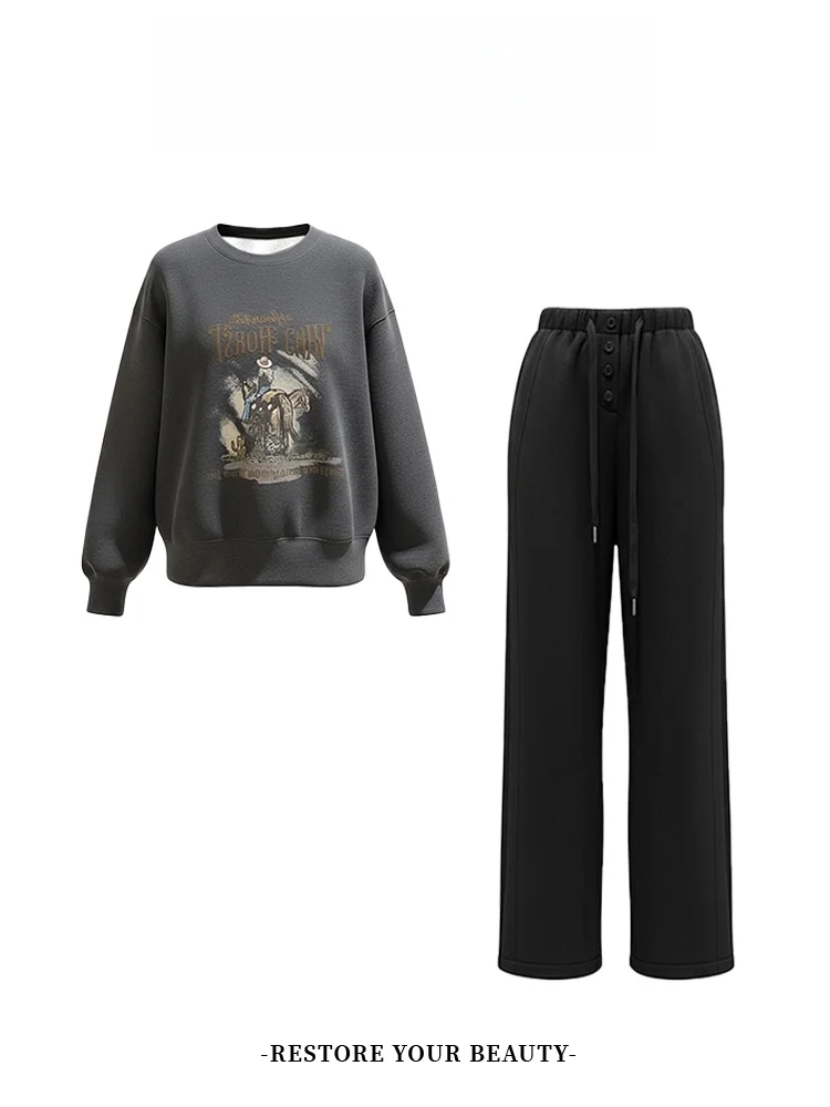 Women's Fce Lined Oversized round Ne Sweatirt And Wide Leg Pants Two Piece Set Comfortable Loose Fit Winter Outfit