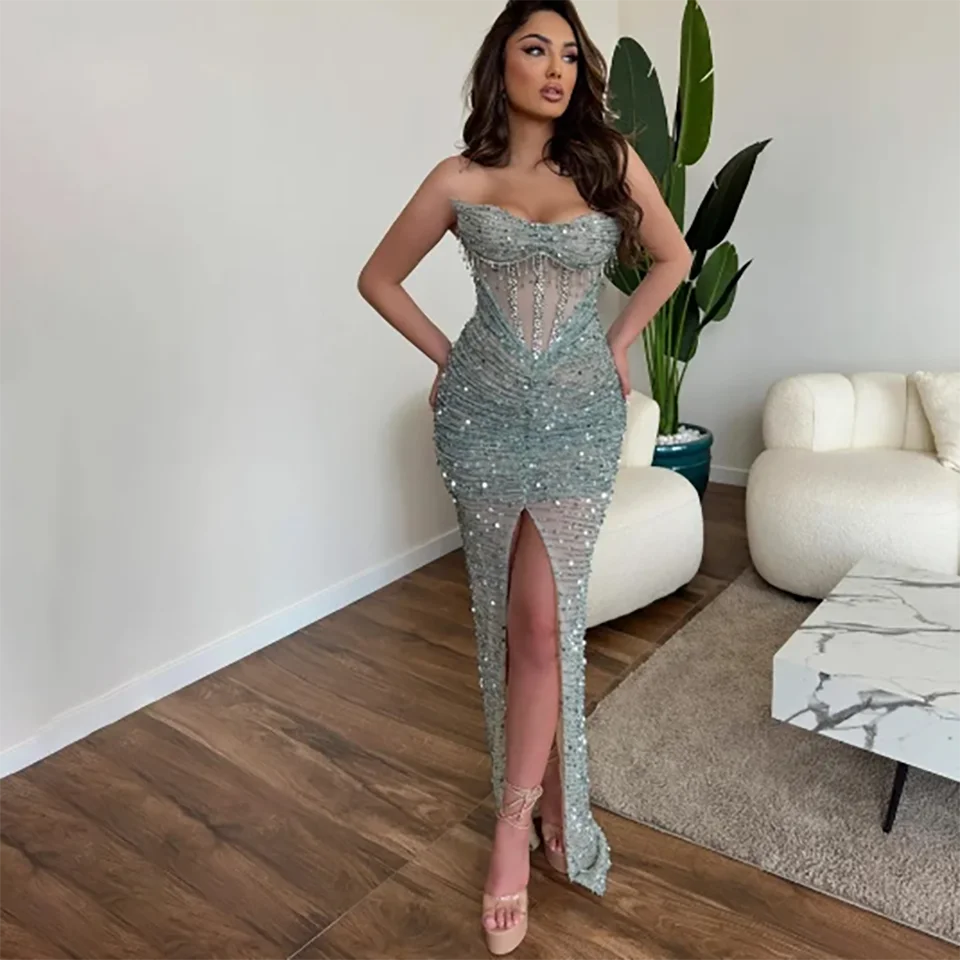 Customized Sequin Beaded High Slit Strapless Mermaid Gala Wedding Dresses 2024 Backless Sweep Train Tulle Bridal Gowns For Women