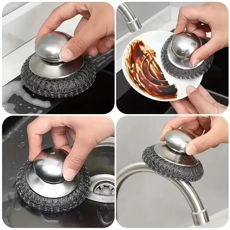 Heavy-Duty Stainless Steel Scrubber, Ergonomic Brush for Pots & Pans, Effortlessly Cleans Tough Grease & Stains