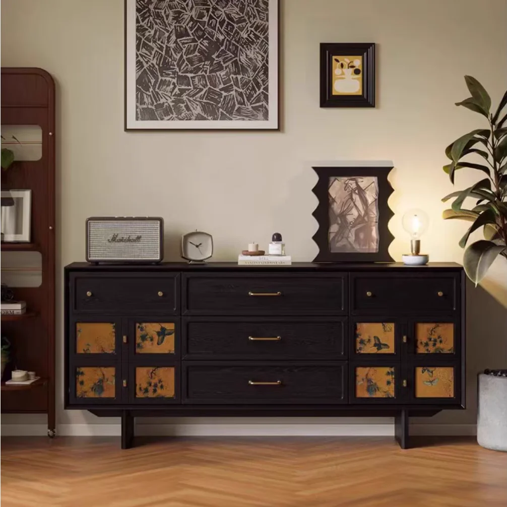 

French retro solid wood fragrant cloud yarn TV cabinet American medieval style living room black household storage floor cabinet