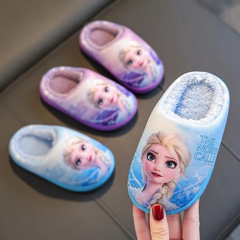 Disney Elsa Princess Pattern Baby Girls Cotton Slippers Autumn Winter Indoor Shoes Cartoon Cute Children's Warm Cotton Slippers