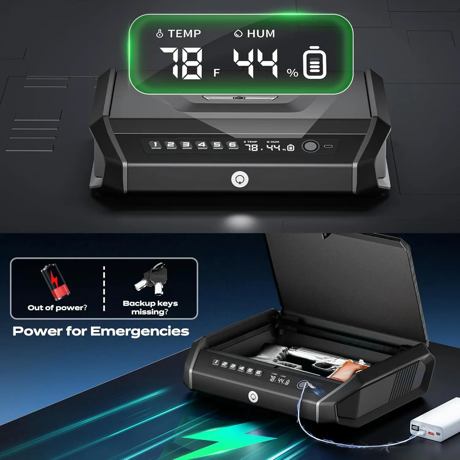 Biometric Gun Safe Quick Access - Large Capacity Pistol Safe with Fingerprint Lock & Silent Mode, Child Proof Firearm Security B